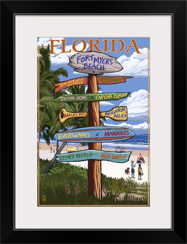 Retro stylized art poster of a sign post showing multiple directions.