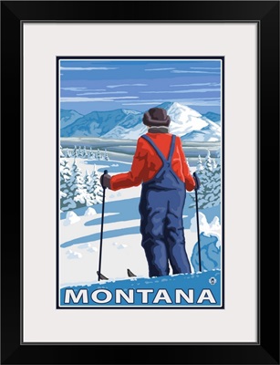 Skier Admiring - Montana: Retro Travel Poster