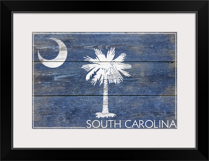The flag of South Carolina with a weathered wooden board effect.