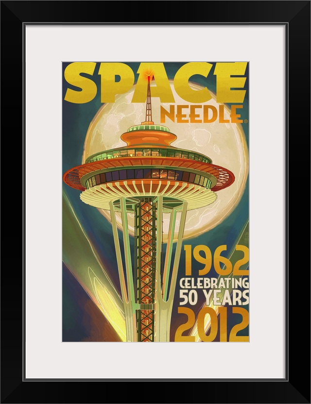 Space Needle and Full Moon - Seattle, WA: Retro Travel Poster