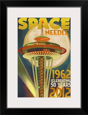 Space Needle and Full Moon - Seattle, WA: Retro Travel Poster