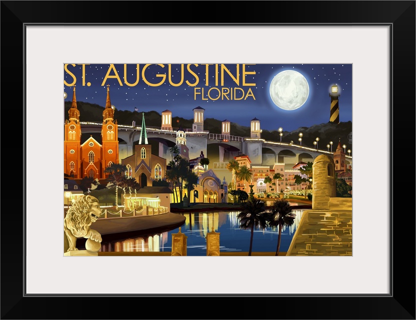 Retro stylized art poster of a city skyline at night, with a giant moon in the sky illuminating the town.