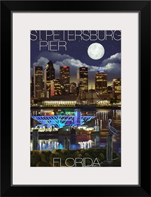 St. Petersburg, Florida - Night Skyline and Pier: Retro Travel Poster