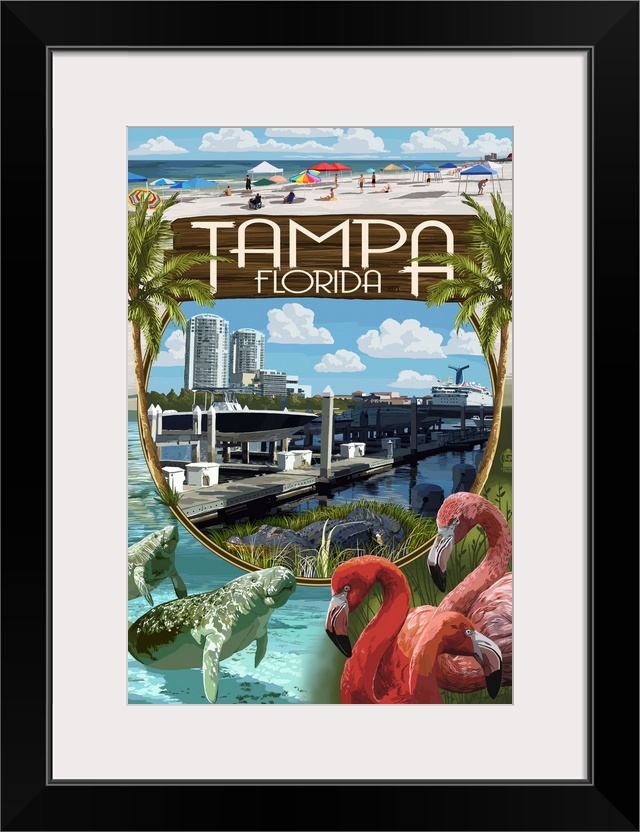 Retro stylized art poster of flamingos, manatees and a beach montage.