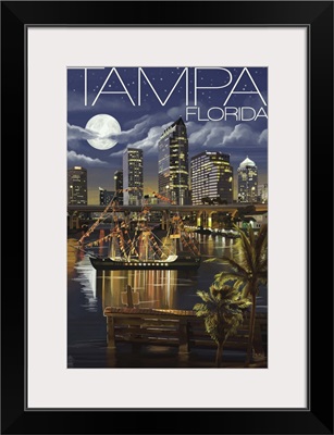 Tampa, Florida - Skyline at Night: Retro Travel Poster