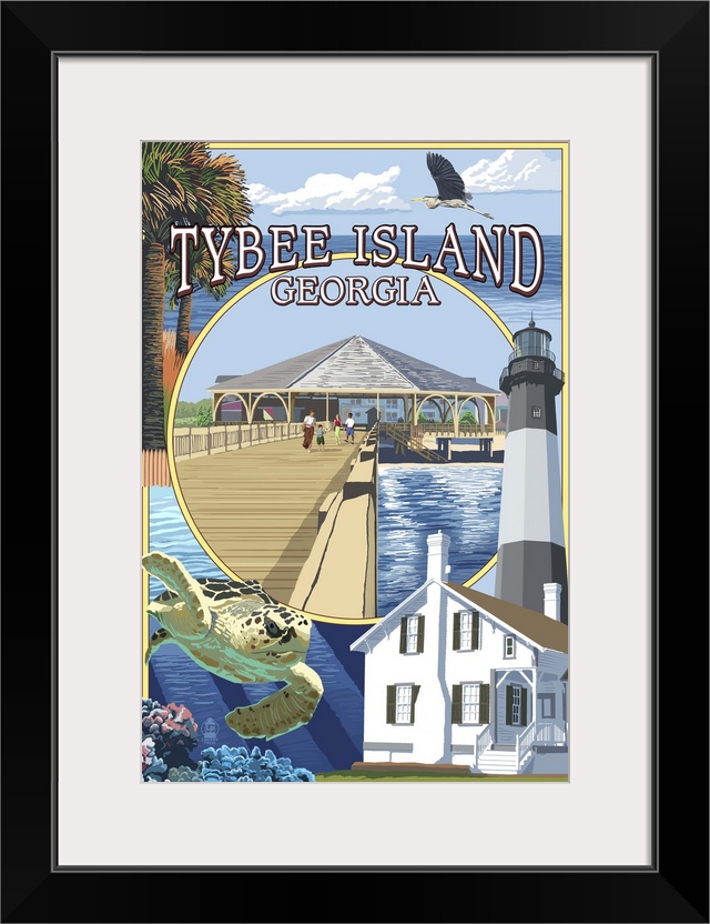 Retro stylized art poster of a montage of images. A lighthouse, crab, and a pier