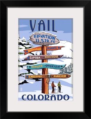 Vail, Colorado - Ski Signpost: Retro Travel Poster