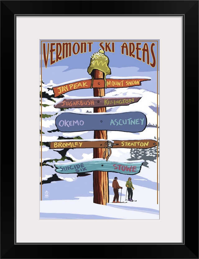 Retro stylized art poster of a sign post giving different directions.