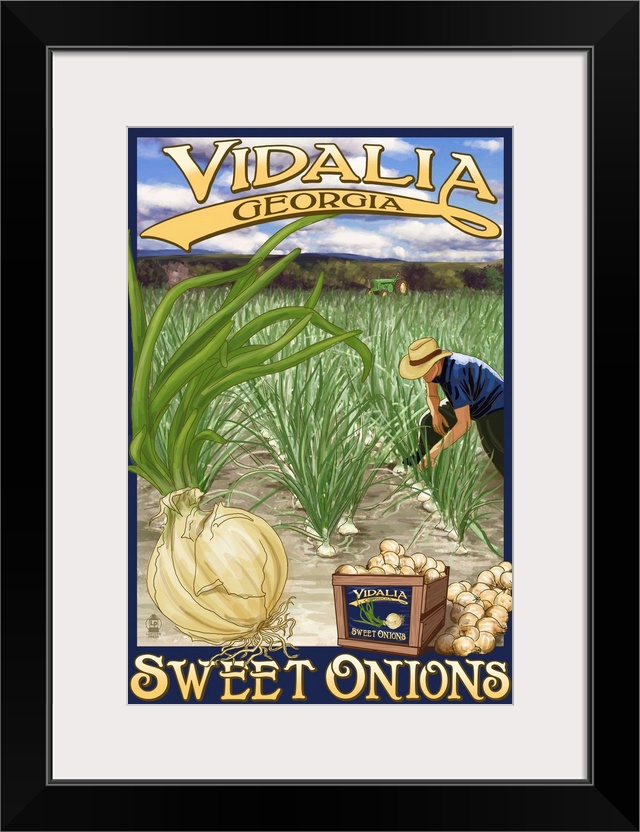 Retro stylized art poster of a farmer harvesting sweet onions from a landscape of crops.