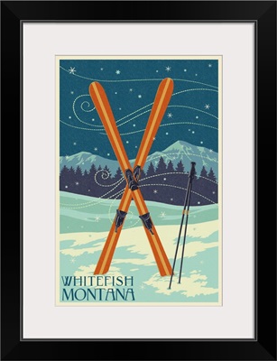Whitefish, Montana - Crossed Skis - Letterpress: Retro Travel Poster