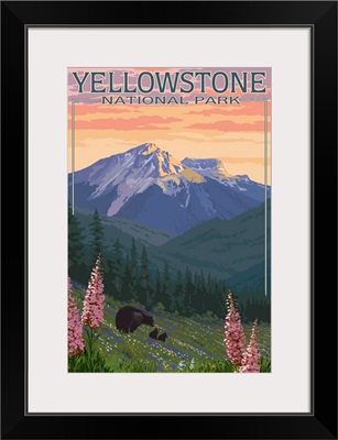 Yellowstone National Park, Bear And Cubs In Wildflowers: Retro Travel Poster