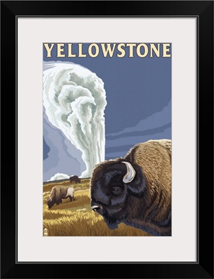 Yellowstone National Park - Bison and Old Faithful: Retro Travel Poster