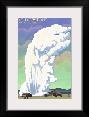 Yellowstone National Park, Geyser And Bison: Retro Travel Poster