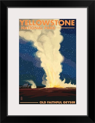 Yellowstone National Park - Old Faithful at Night: Retro Travel Poster