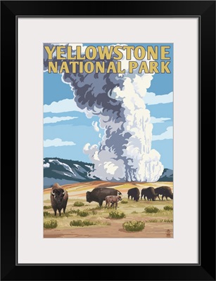 Yellowstone National Park - Old Faithful Geyser and Bison Herd: Retro Travel Poster