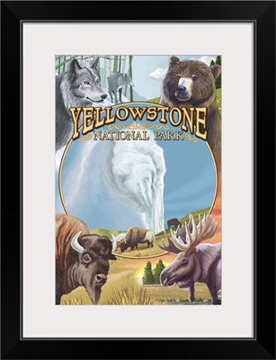Yellowstone National Park Wildlife Montage: Retro Travel Poster