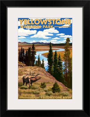 Yellowstone National Park - Yellowstone River and Elk: Retro Travel Poster