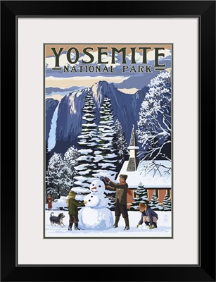 Yosemite Chapel and Snowman - Yosemite National Park, California: Retro Travel Poster