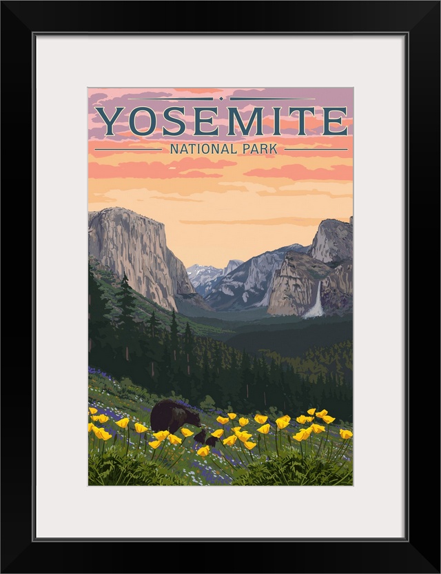 Yosemite National Park, Bears In Wildflowers: Retro Travel Poster