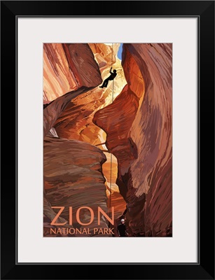 Zion National Park - Canyoneering Scene: Retro Travel Poster