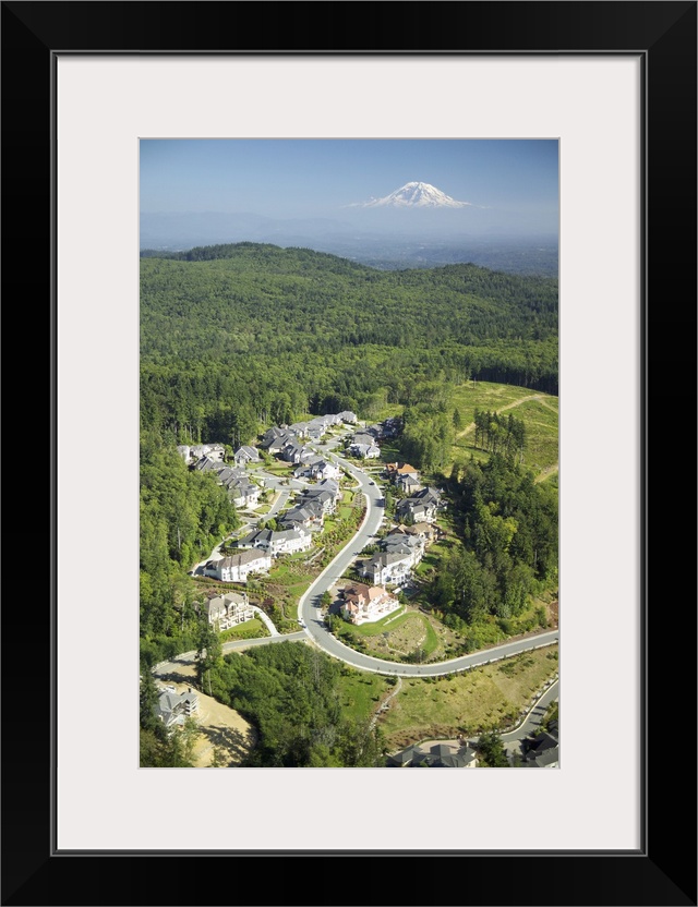 A cul-de-sac of wealthy homes, forest, WA, USA - Aerial Photograph