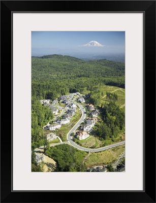 A cul-de-sac of wealthy homes, forest, WA, USA - Aerial Photograph