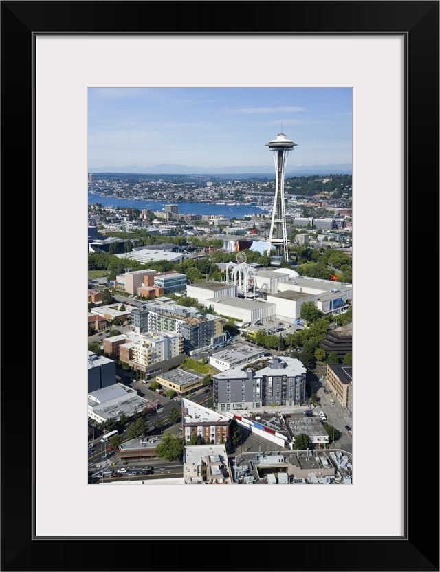 Space Needle landmark and Lake Union behind, WA, USA - Aerial Photograph