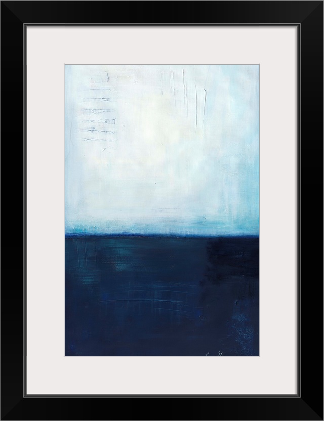 Contemporary abstract painting using dark blue and light blue colors meeting almost in the middle to create a colorfield.