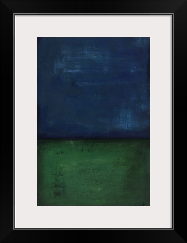Contemporary abstract painting of a dark blue and green colorfield.
