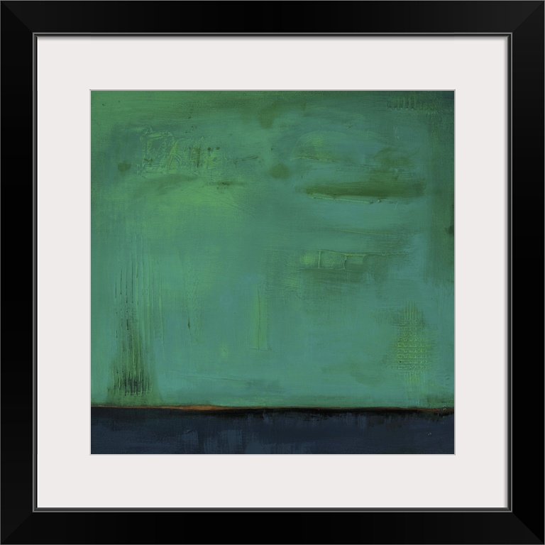 Square, abstract painting featuring large blocks of color in green and dark blue/gray