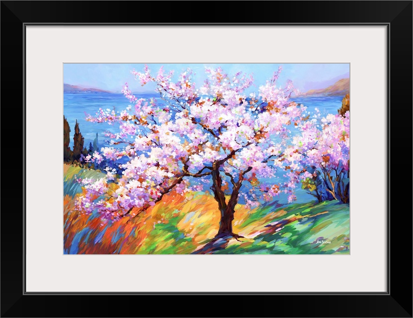 This impressionistic artwork captures a cherry blossom tree's delicate beauty, arrayed in soft, colorful hues against the ...