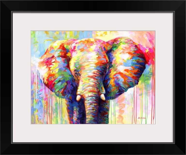 Contemporary painting of a vibrant and colorful elephant.