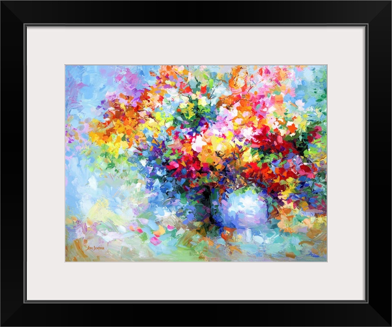 Contemporary painting of a colorful vase of flowers.