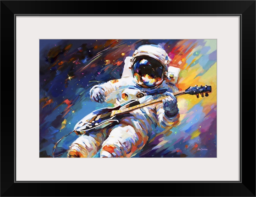 This contemporary artwork captures an astronaut serenely playing an electric guitar in the cosmos, blending the artistry o...