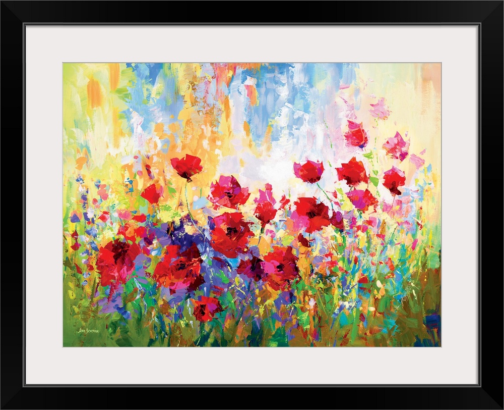 Contemporary painting of a vibrant poppy field. The red petals contrast beautifully against the colorful abstract blooms. ...