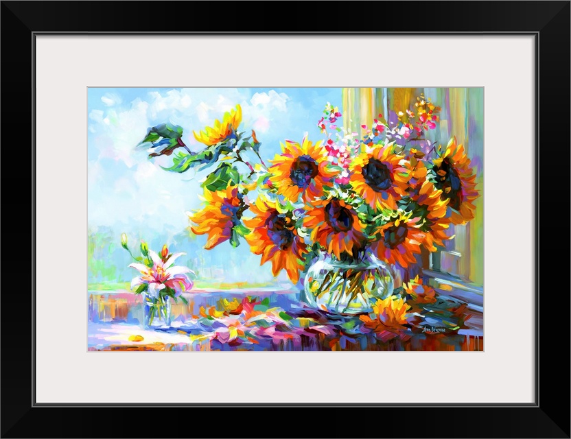 This contemporary still life bursts with the energy of sunflowers in a vase, their fiery petals captured in bold, expressi...