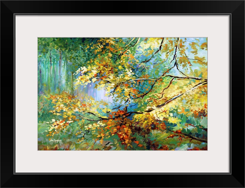 This contemporary landscape bursts with the life of a forest in full autumnal glory. The golden hues of the leaves are cap...