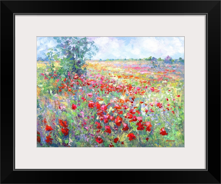 Contemporary painting of a vibrant and colorful wildflower field in Tuscany, Italy.