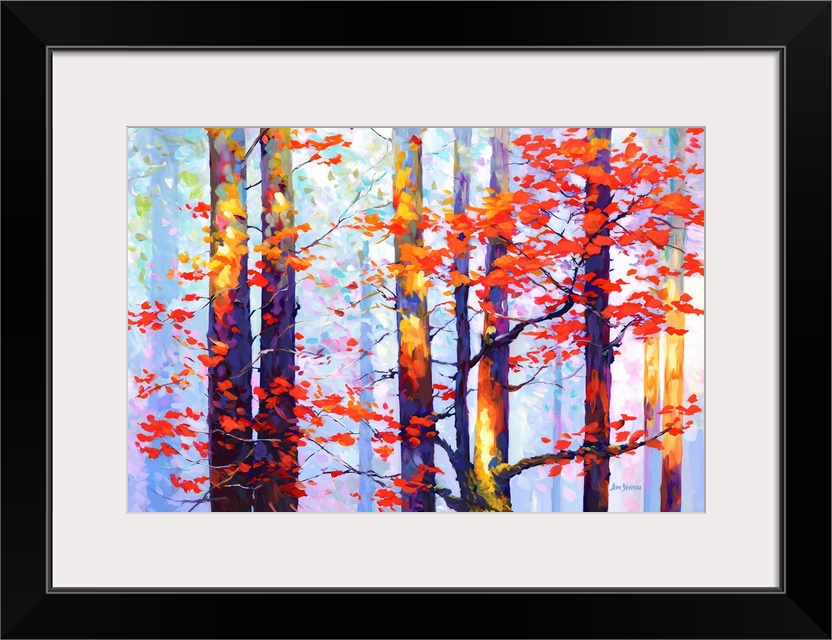 This contemporary piece captures a serene autumnal forest scene, where the trees stand tall in a burst of fiery red leaves...