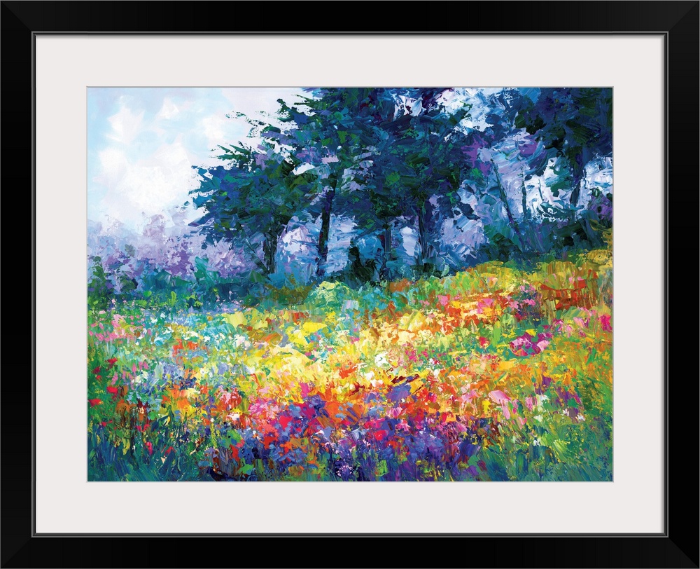 Contemporary landscape painting of wildflowers in bloom in the style of abstract impressionism. The vibrant brush strokes ...