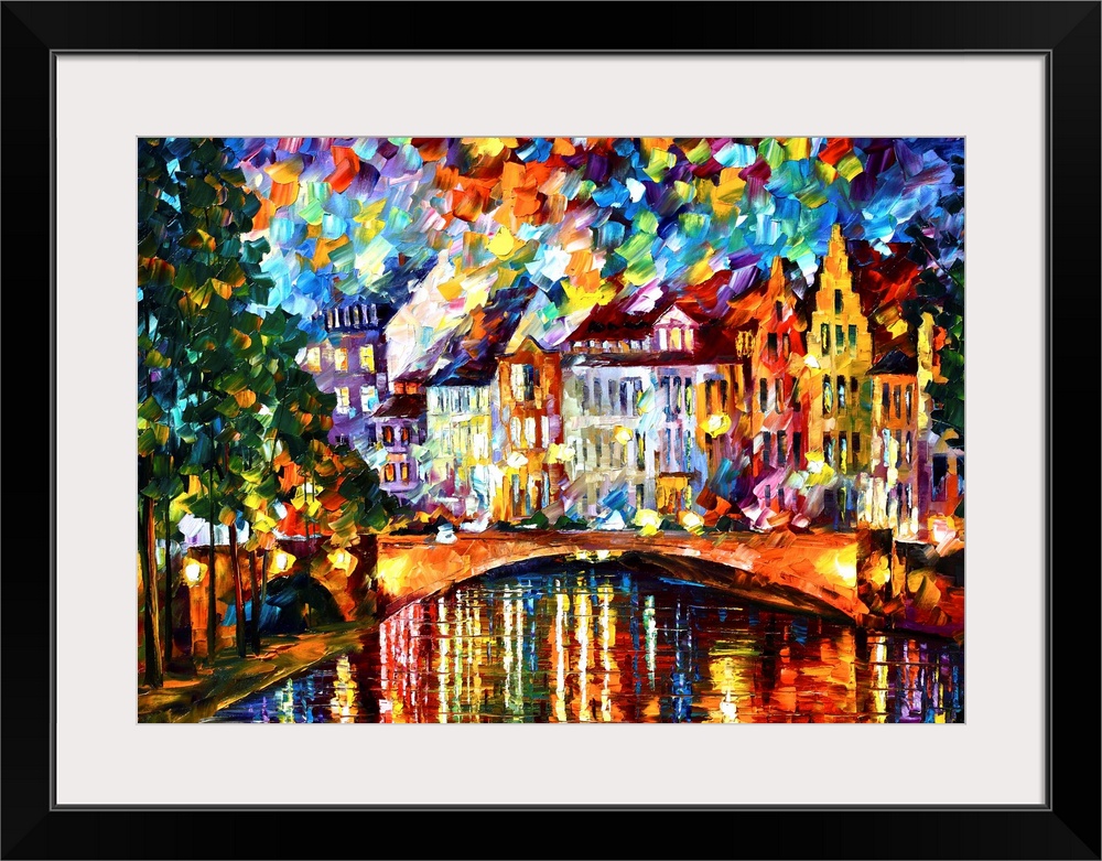 Brightly colored abstract painting of Amsterdam with short thick brush strokes on canvas.