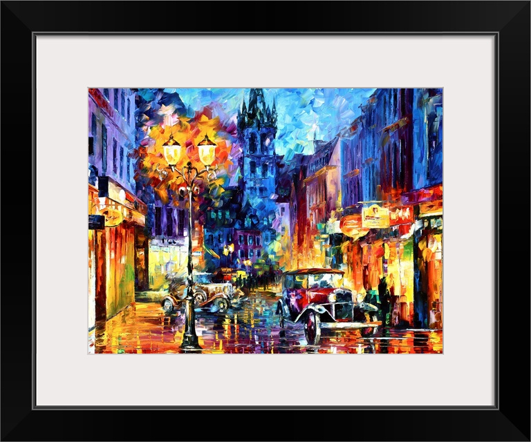 Contemporary artwork that uses various colors to depict a small town with old fashioned cars on the street and an antique ...