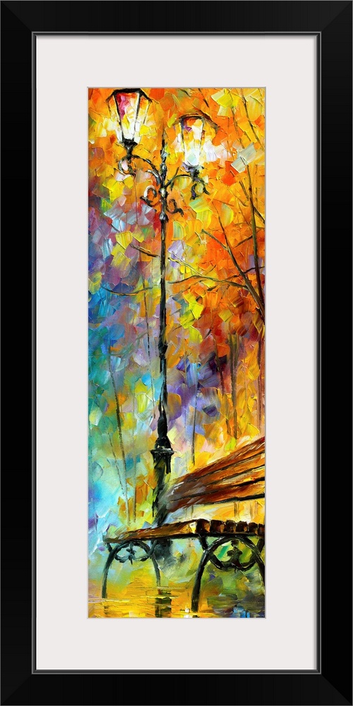 This large vertical piece is a painting of a bench and a street lamp with an array of colors painted around the lamp and a...