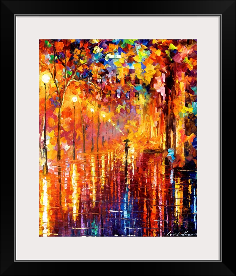 Contemporary colorful painting of a figure with an umbrella walking down a road in the rain.