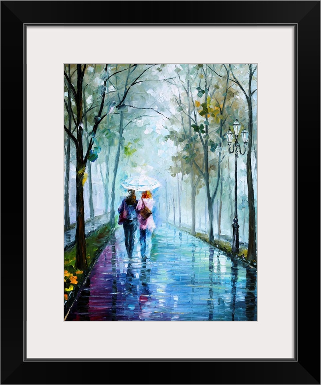 Vertical painting of two people walking in the rain with an umbrella on a path lined with trees.