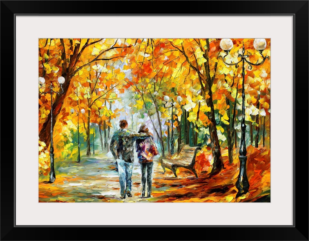 Painting of a couple walking through the park on a pathway lined with trees covered in fall foliage, street lamps, and a b...