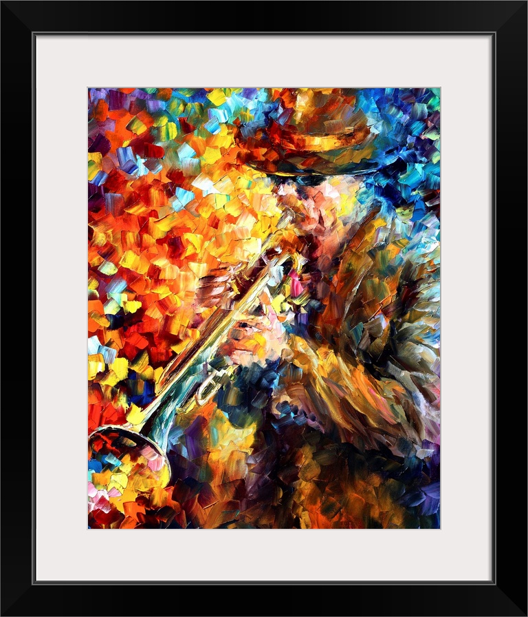 Vibrant colors are used to create small brush strokes that paint a man playing the trumpet .