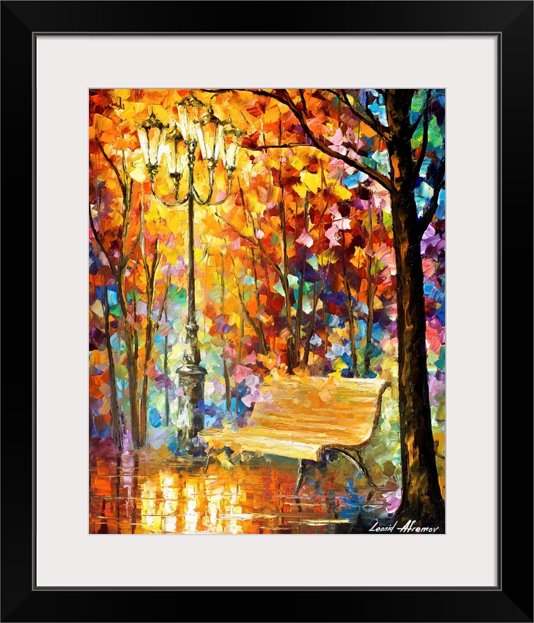 Contemporary colorful painting of an empty bench sitting along a wet sidewalk reflecting all the light posts and trees aro...