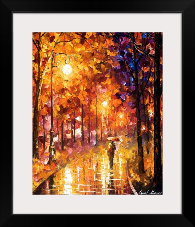 Contemporary colorful painting of a person with an umbrella walking down a wet road in the rain.