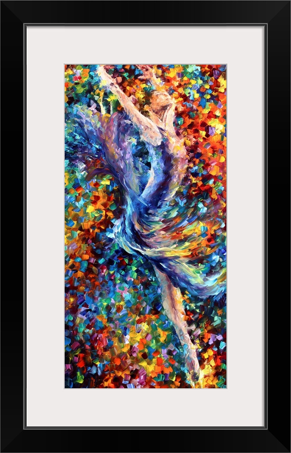 Giant, vertical painting of a woman in a flowing dress, arms outstretched as she dances, surrounded by a  background of br...